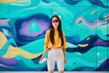 Female street artist standing near the wall with her paintings with copy space. Street art concept Full length portraitの写真素材