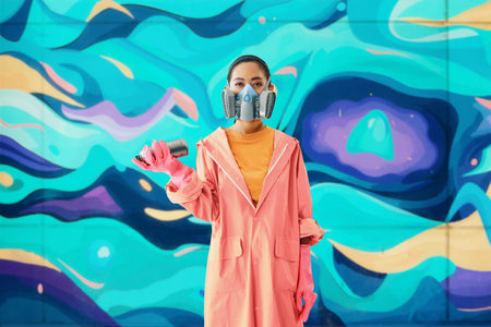 Portrait of female street artist in respirator mask standing near the graffiti wall with her...