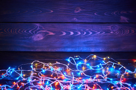 Colorful christmas lights background with copy space. Merry Christmas and Happy New Year festive compositionの写真素材