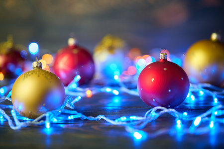 Christmas celebration holiday background. Colorful Christmas balls Christmas baubles and colorful xmas lights backgroundの写真素材