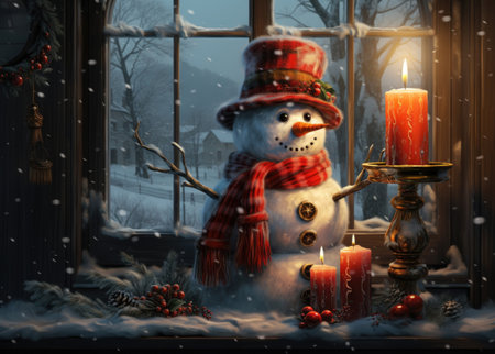 Cute snowman sitting with a burning candle near a window at cozy home. winter holiday, christmas wallpapersの素材