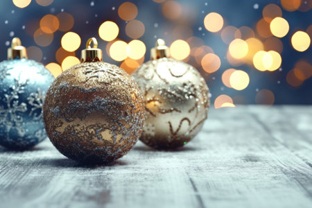 Gold and silver christmas balls ornaments over bokeh background with copy spaceの素材