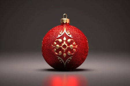 Red christmas bauble over gray background. Winter holidays conceptの素材
