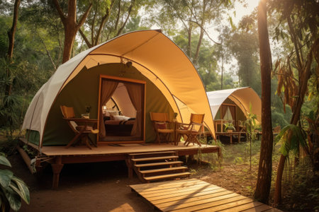 Cozy glamping tent at sunrise in the woods. Camping, holiday, vacation concept. Generative AIの素材