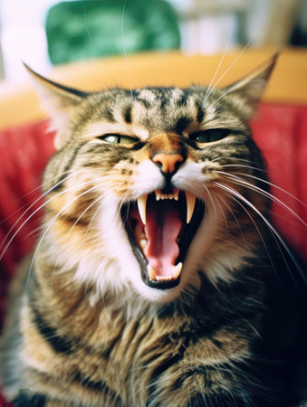 Angry cat closeup. The cat growls or yawns. Generative AIの素材