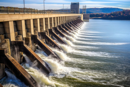 Water cascading down a dam. Generative AIの素材