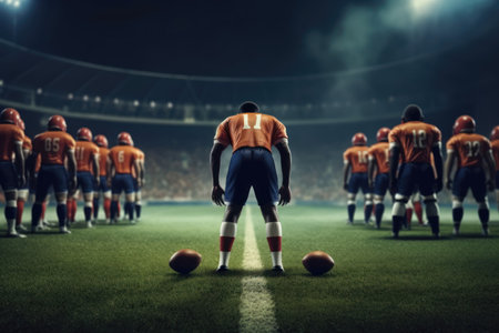 Rear view of professional football players lined up on the field ready to start a game. Generative AIの素材
