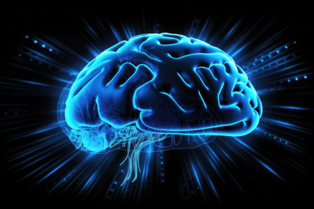 glowing blue brain on a black background. Generative AIの素材