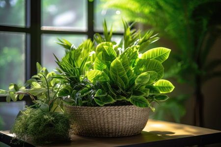 Various potted plants on the sunny windowsill in the summer house. Generative AIの素材