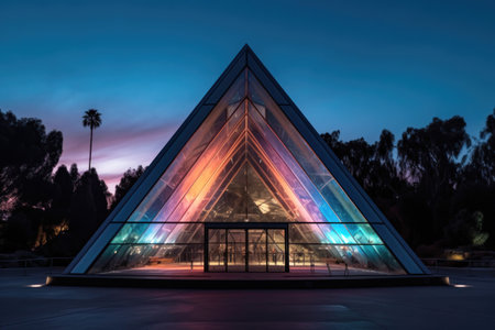 Glowing pyramid against the night sky lit up in colorful lights, in the style of conceptual minimalist sculpture. Generative AIの素材