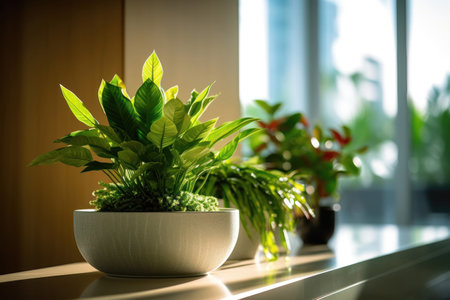 Various potted plants on the sunny windowsill in the summer house. Generative AIの素材