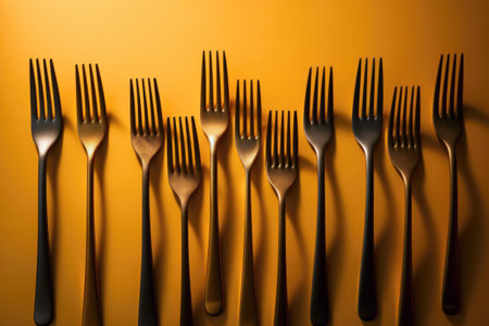 Group of forks in line on orange background. Kitchen, food concept. Generative AIの素材