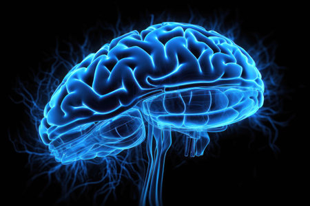 glowing blue brain on a black background. Generative AIの素材