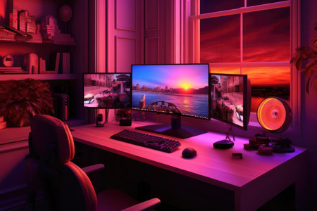 Modern home office setup with multiple monitors and a sunset view from the window. Generative AIの素材