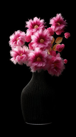 Vase filled with pink flowers on a black background. Generative AIの素材