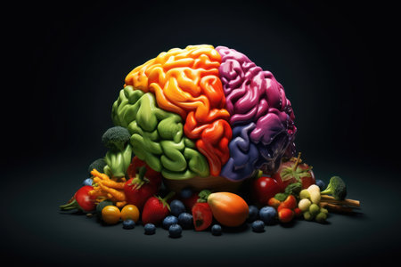 Vibrant brain made of assorted fruits and vegetables against a black background. Generative AIの素材