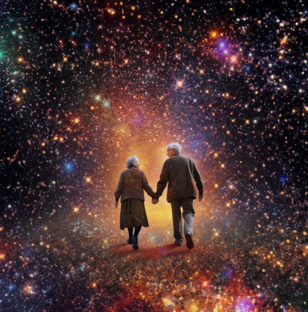 older couple holding hands in the night sky, in the style of space art. Generative AIの素材