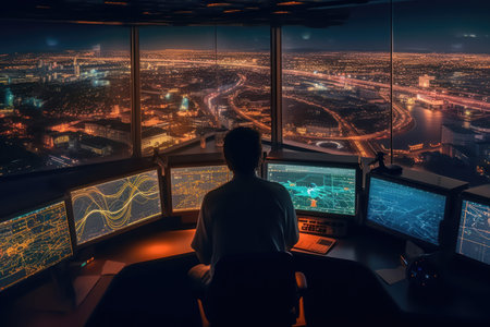 International airport air traffic controller works at computers at night. Generative AIの素材