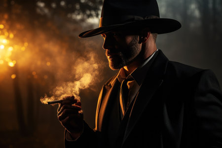 Man in suit and hat smoking cigar in foggy forest at night. Generative AIの素材