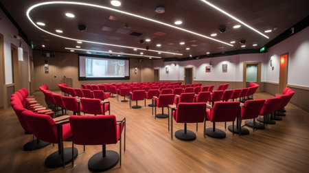 Modern conference room with red chairs, screen projection and circular ceiling light design. Generative AIの素材