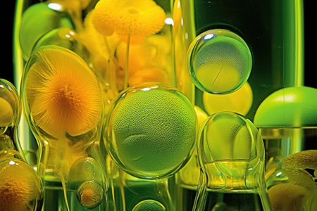 Close up of green and yellow spheres and test tubes in a laboratory setting. Generative AIの素材