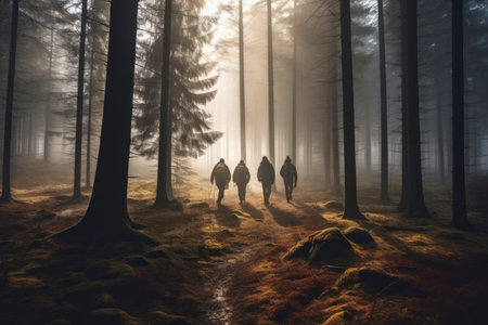 Hikers walking through a mystical foggy forest. Generative AIの素材