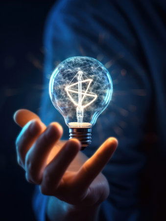 Close-up of a hand holding a light bulb with an intricate electric symbol glowing inside. Generative AIの素材