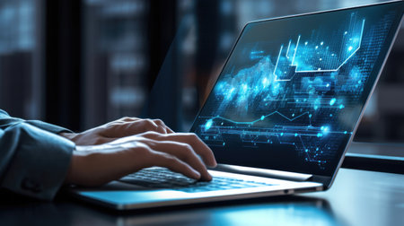 Businessman analyzing digital graphs on a laptop with glowing effects. Generative AIの素材