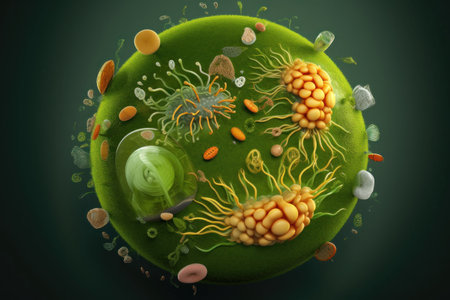 green virus with orange and yellow bacteria on it. Generative AIの素材