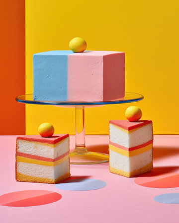 Vibrant cake and slices displayed against a colorful backdrop. Generative AIの素材