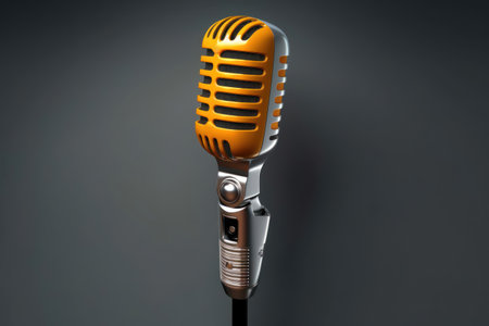 Vintage orange microphone against a smooth gradient gray background with reflective details. Generative AIの素材