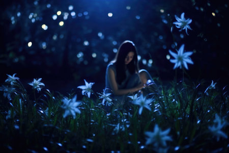 Mysterious woman amidst glowing flowers at nighttime. Generative AIの素材