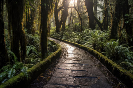 Path winding through a misty, green forest with ferns and moss-covered trees. Generative AIの素材