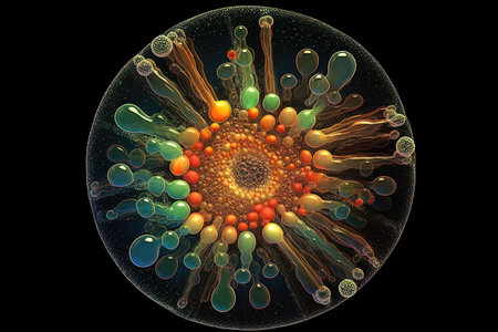 Detailed view of a bacterial cell with multicolor spores under microscopy. Generative AIの素材