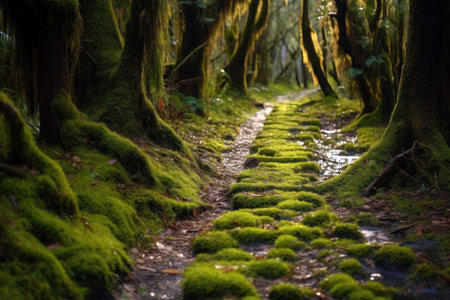 Mossy path winding through a dense forest with trees and ferns on either side. Generative AIの素材