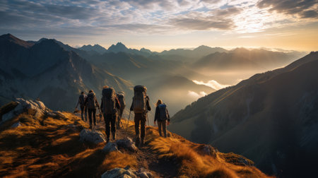 Group of hikers exploring mountainous terrain. Generative AIの素材