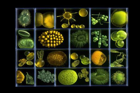 various microscopic images of pollen grains in different colors and shapes. Generative AIの素材