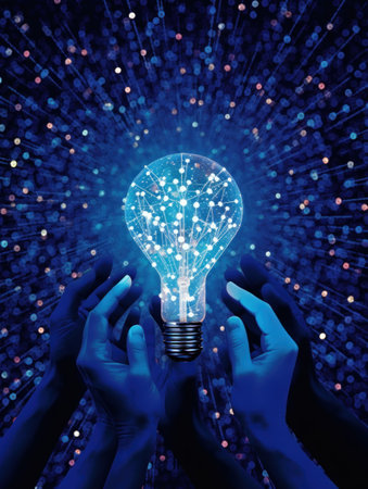 Glowing lightbulb with digital connections in hands against a blue background. Generative AIの素材