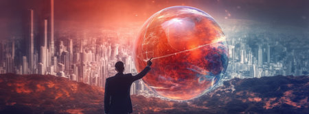 businessman in a suit reaches out to a massive globe. Behind him is a cityscape with tall skyscrapers under a deep red sky. Generative AIの素材