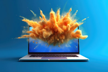 Dramatic explosion emanating from a laptop screen against a vibrant blue background. Generative AIの素材
