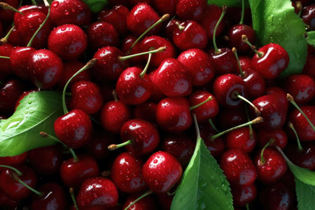 Fresh and ripe cherries with water droplets and green leaves in a close-up view. Generative AIの素材