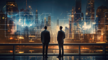 Two businessmen overlooking city skyline with digital graphics. Generative AIの素材