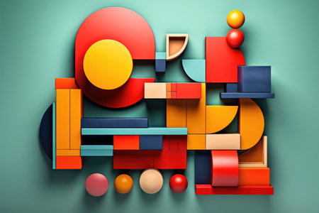 Vibrant abstract background with layered geometric shapes creating a dynamic playful and retro composition. Generative AIの素材