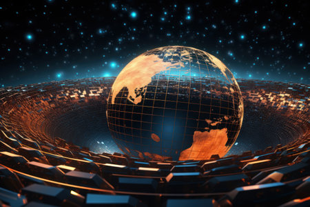 Digital representation of Earth with glowing continents and surrounding data blocks. Generative AIの素材