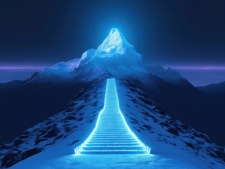 Majestic mountain peak illuminated under a starry night sky with a shimmering pathway. Generative AIの素材