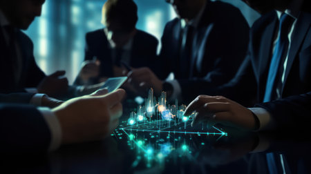 Professionals analyzing digital data holograms at a meeting. Generative AIの素材