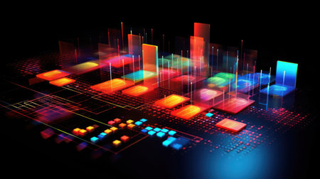 Futuristic colorful digital data visualization on a dark background. Generative AIの素材
