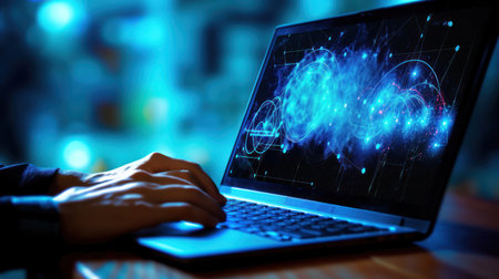 Businessman analyzing digital graphs on a laptop with glowing effects. Generative AIの素材