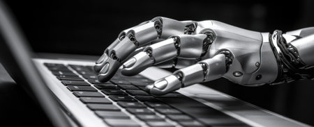 Robotic hand typing on a modern laptop with digital graphics. Generative AIの素材