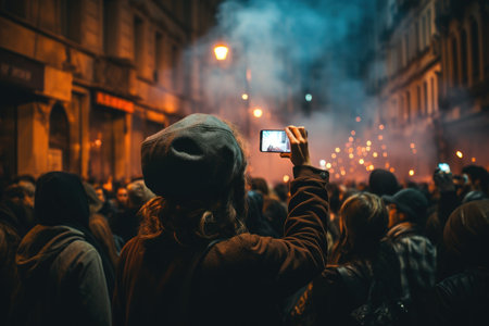 modern street revolution with a crowd of people. Person in crowd capturing night street scene on phone amidst illuminated historical buildings. Generative AIの素材